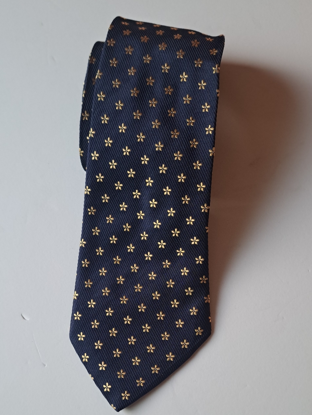 Barneys New York Navy Tie with Gold Floral Dots